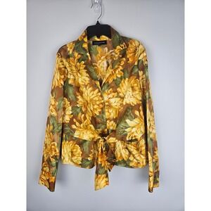 Vtg Jones New York Signature Yellow Brown Floral Tie Front Cotton Blouse Size S